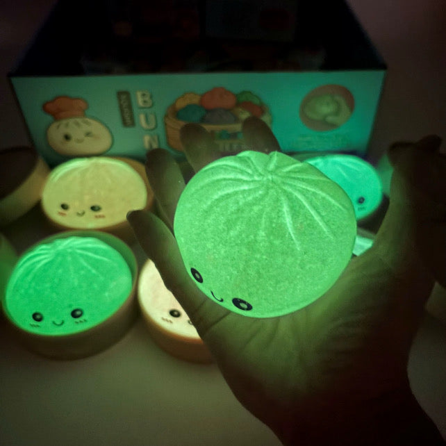 Glow in the dark glitter edition squishy bun dumplings 12 pack display box.