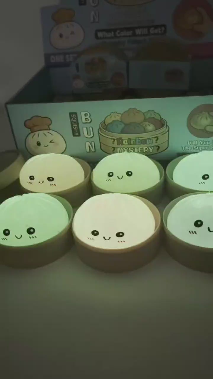 Glow in the dark glitter edition squishy bun dumplings 12 pack display box.